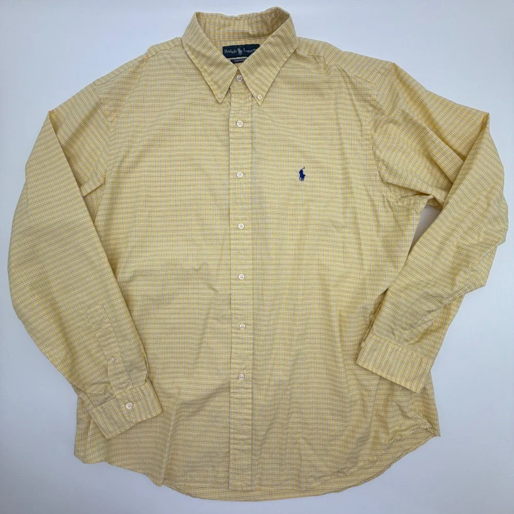 Polo Ralph Lauren Mens Custom Fit Plaid Button Down Shirt Yellow Blue 17.5 34/35
